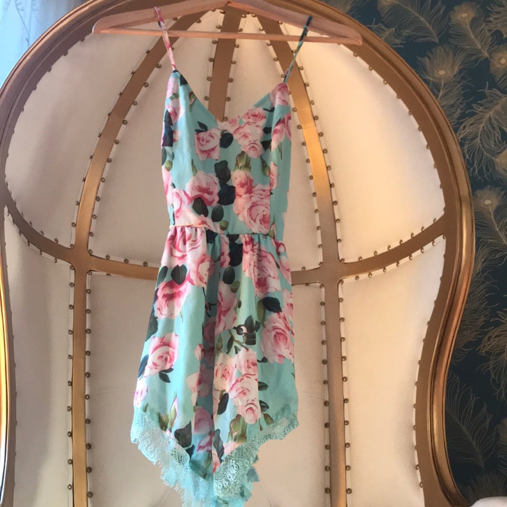 Mint green floral lace lined romper